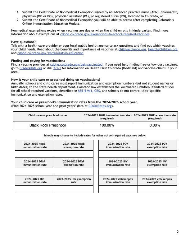 Document outlining vaccination exemption procedures and immunization rates for Black Rock Preschool for 2024-2025.
