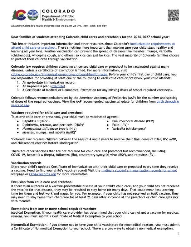 Carta del Departamento de Salud de Colorado en la que se detallan los requisitos de vacunación para guarderías y centros de educación infantil para el curso 2026-2027.