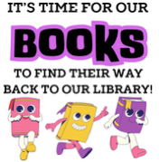 Colorful cartoon books with arms and legs encourage returning them to the library. Text emphasizes the importance of this.