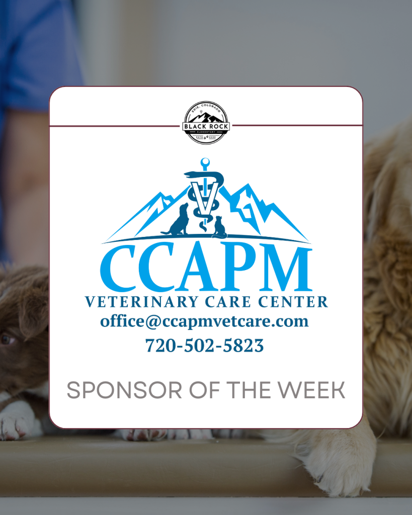 Logo for CCAPM Veterinary Care Center, sponsor of the week, with contact details and background of two dogs.