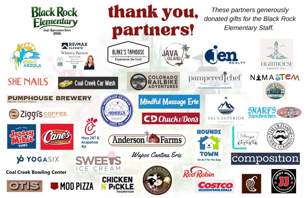 A collage of logos from various businesses supporting Black Rock Elementary Staff Appreciation Week.