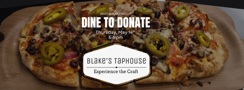 A close-up of a pizza topped with jalapeños, olives, and meat, promoting a fundraising event at Blake's Taphouse.